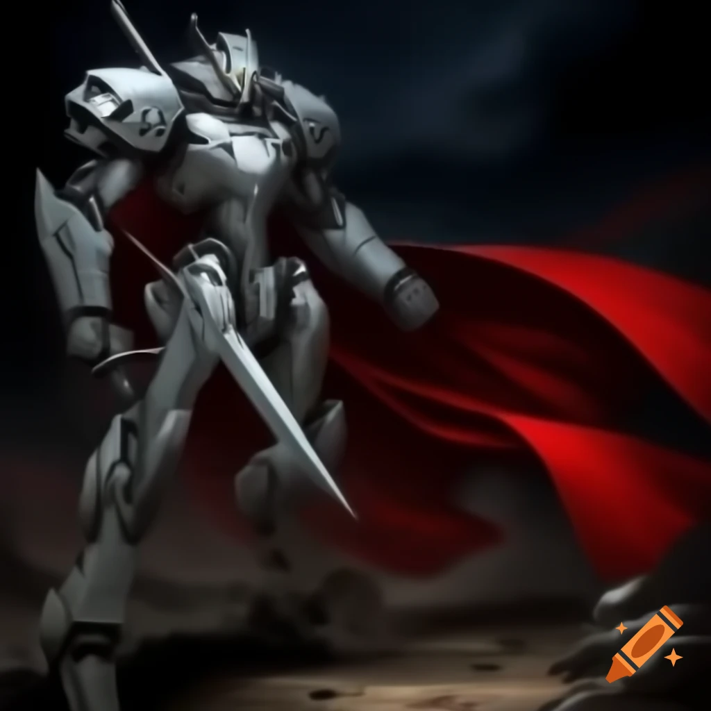 Anime robot on battlefield with grey armor and red cape, holding a ...
