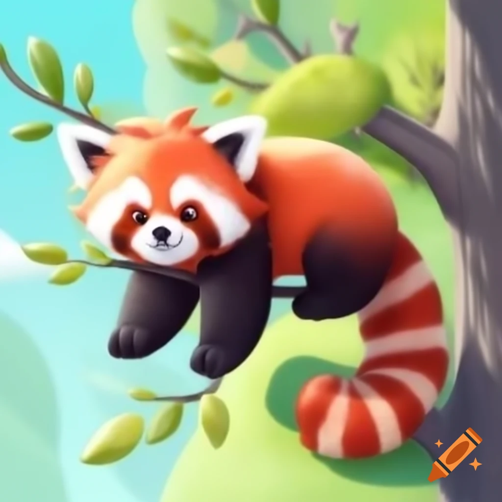 Cute red panda hanging from tree branch