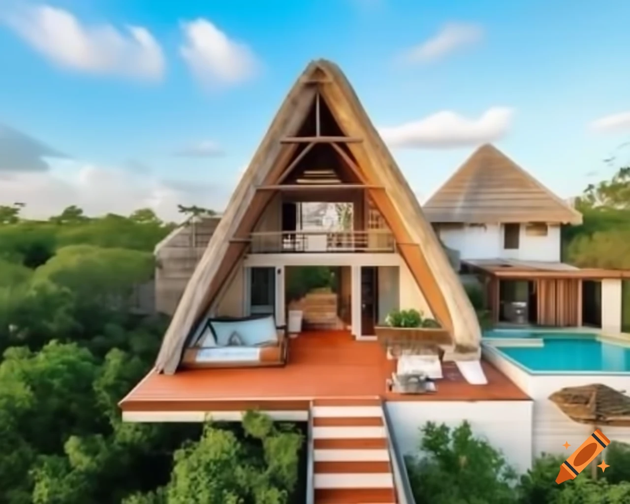 Two story Tulum style house with straw roof and pool