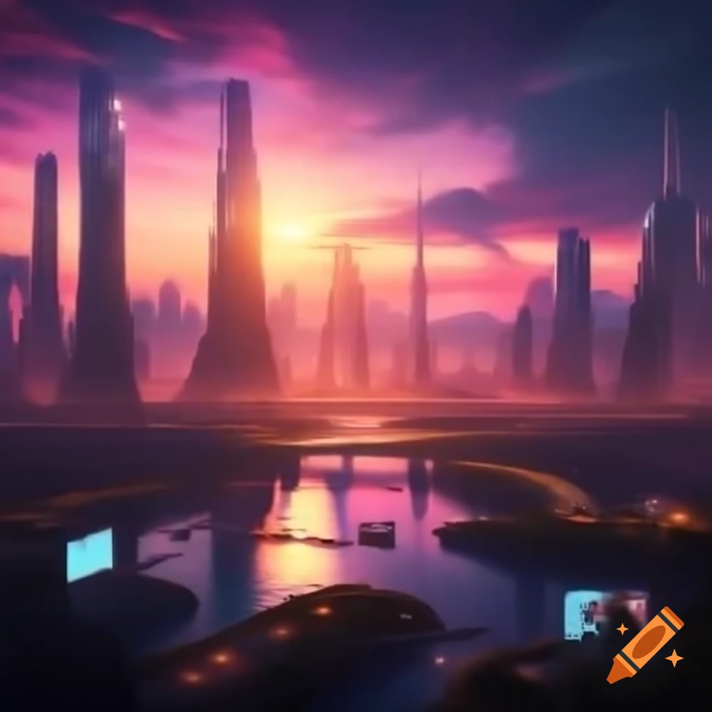 Futuristic city at sunset with neon lights, flying cars, and ...