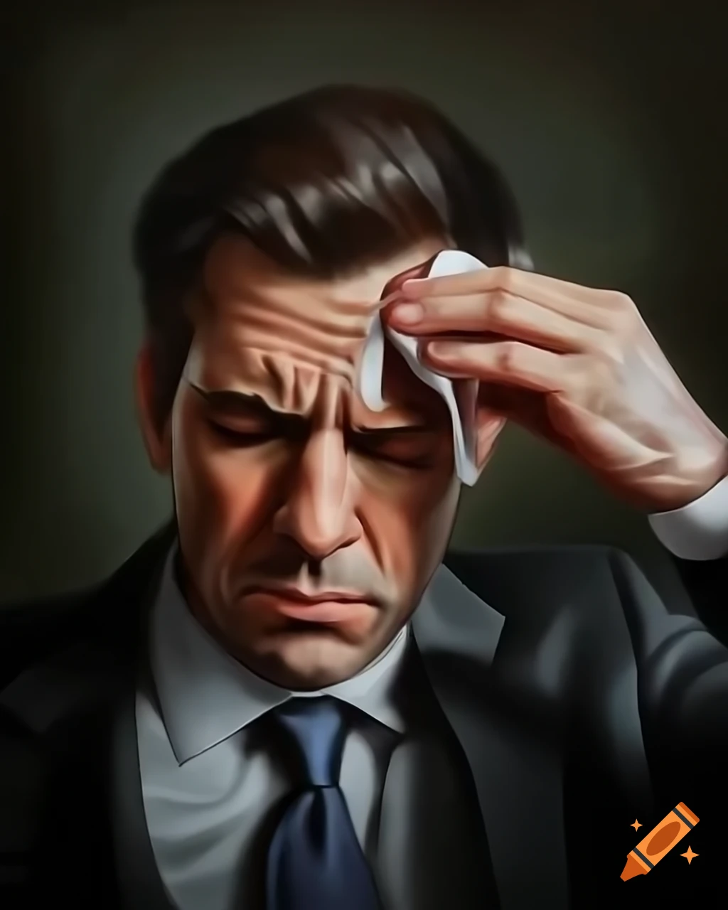 Businessman in disheveled suit showing panic while wiping sweat, oil painting style