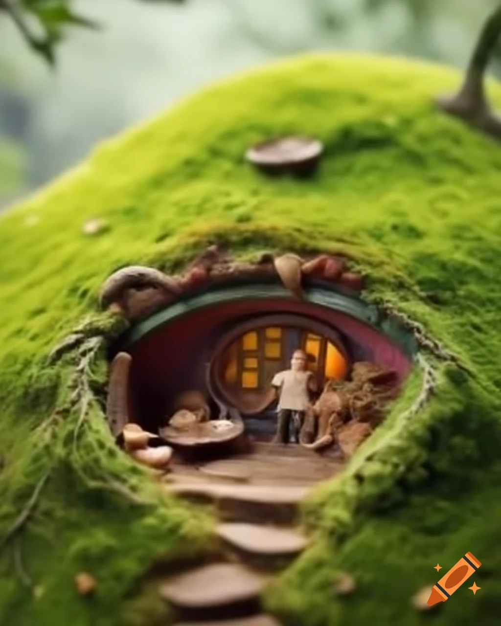Moss-covered hobbit home inside coffee can, whimsical miniature scene