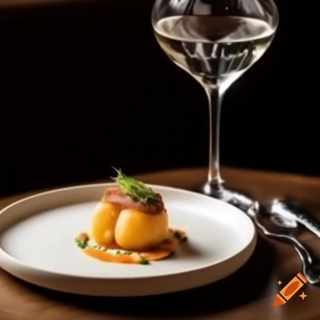 Closeup of gourmet dish plated elegantly in Michelin star restaurant during golden hour