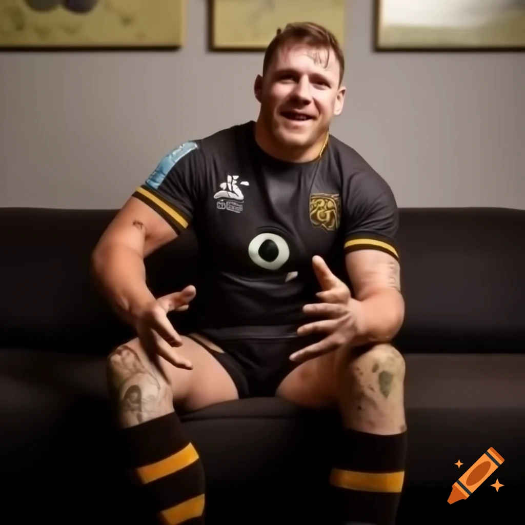 Rugby player Joe Marler relaxing on sofa in muddy kit after game