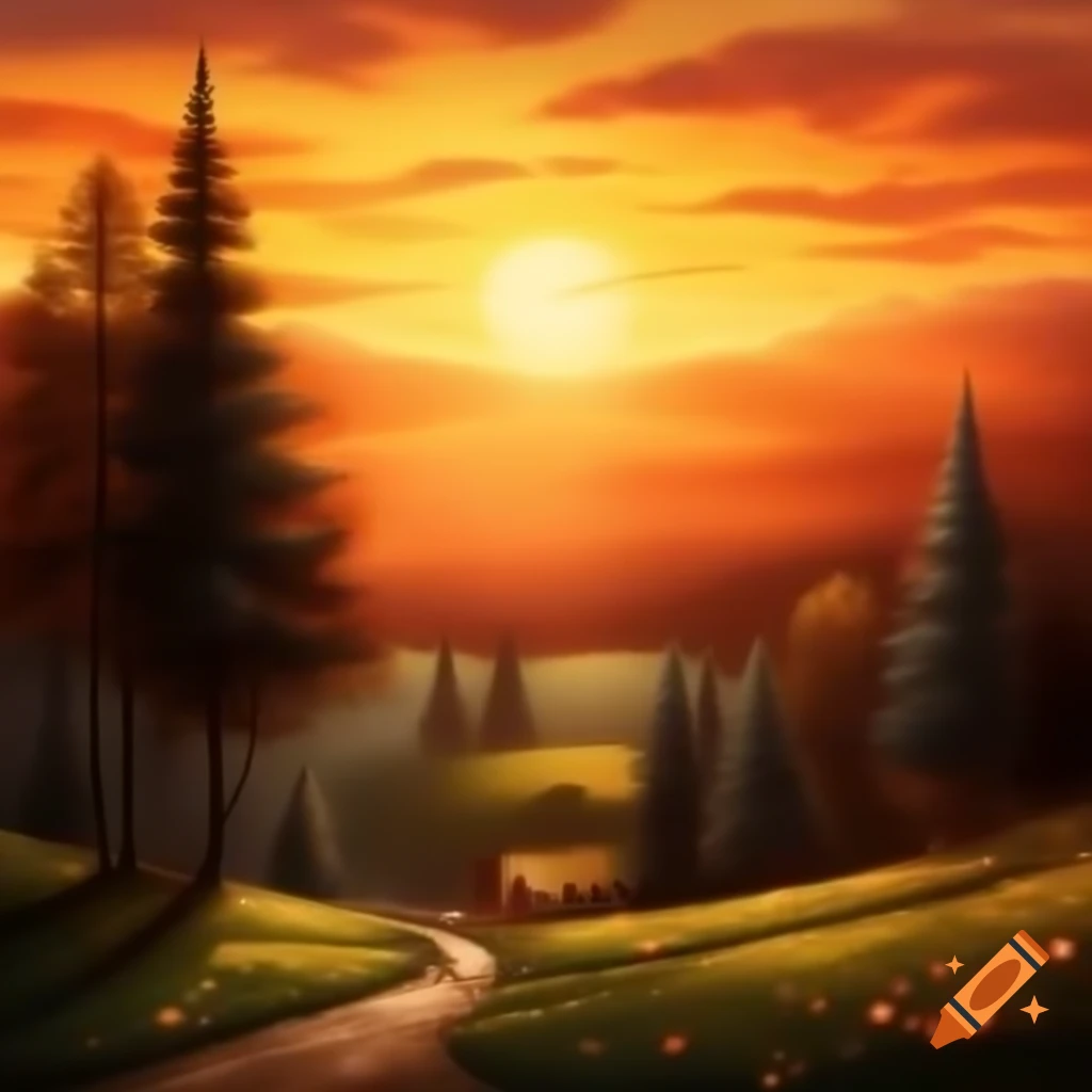 Scenic forest landscape in Erzgebirge at sunset with dark green trees