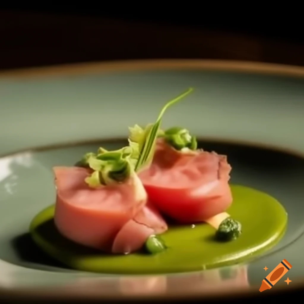 Elegant closeup of gourmet food at Michelin star restaurant during golden hour