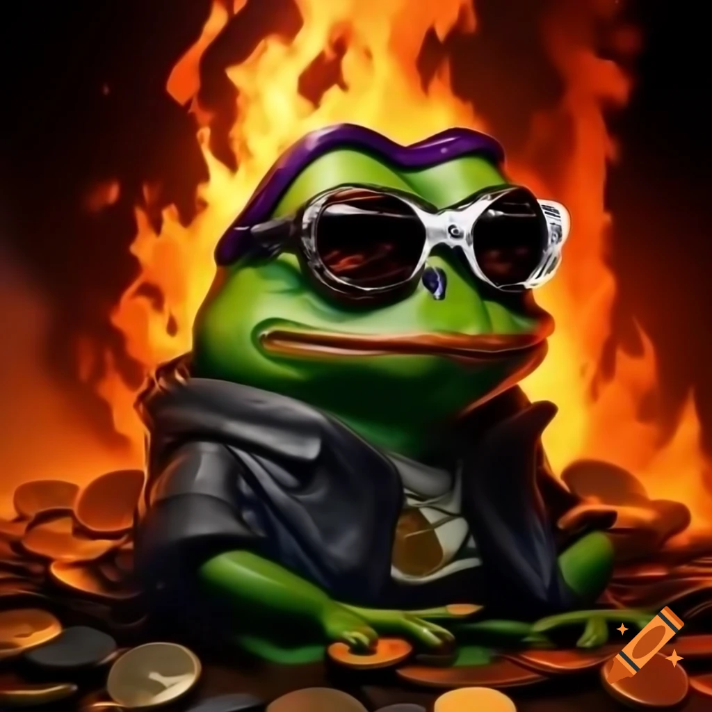 Pepe the Frog with crispy skin on flaming Solana coins, digital art on  Craiyon