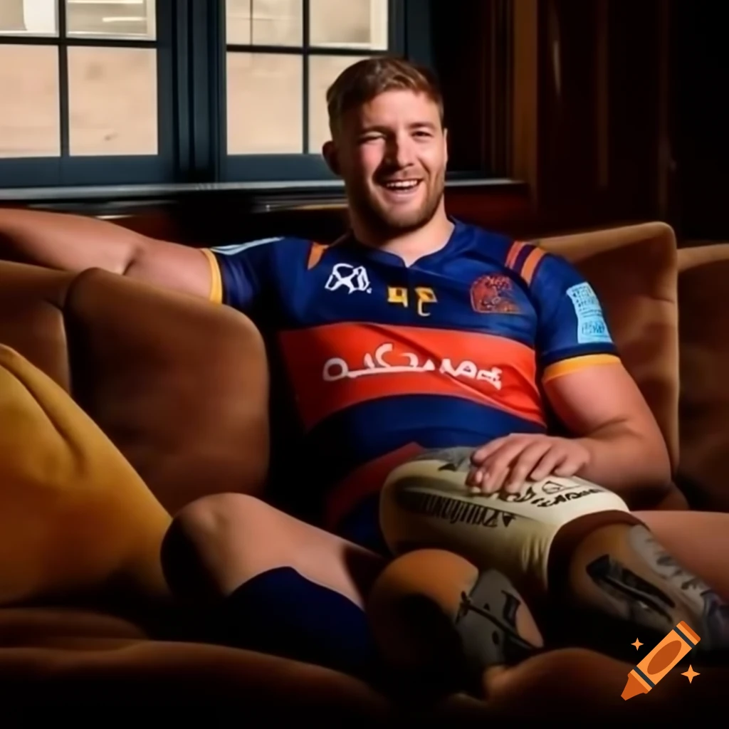 Rugby player Joe Marler in kit relaxing on sofa with a smile