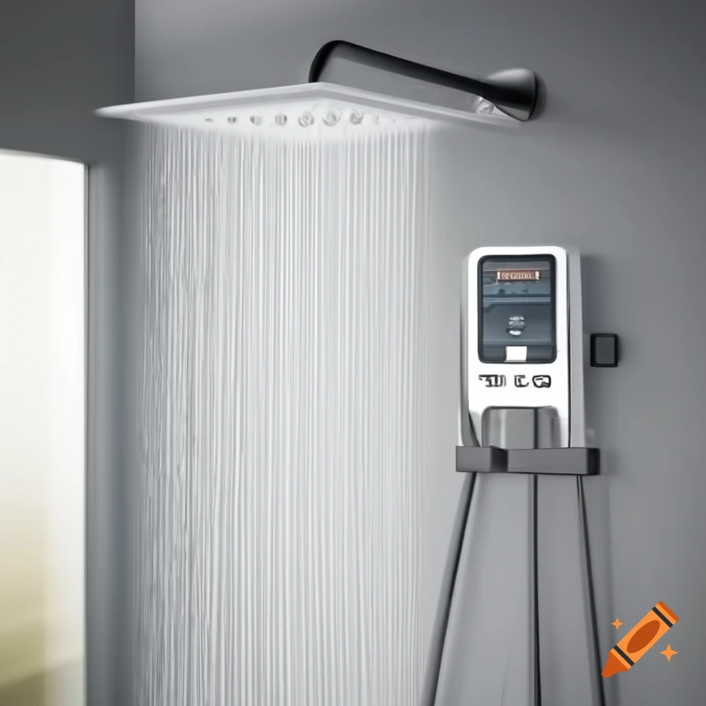 Ultra realistic stock image of smart bathroom shower with digital controls