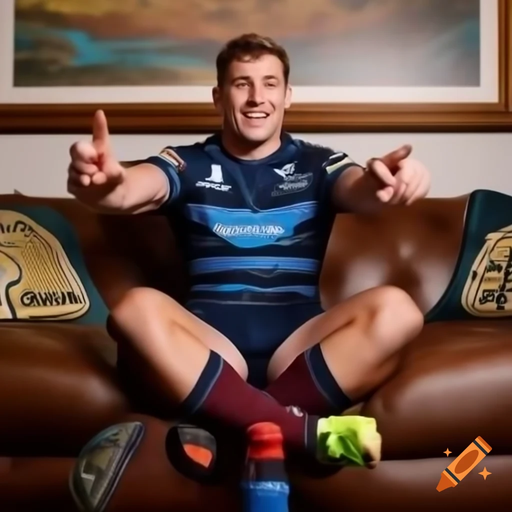 Rugby player Joe Marler relaxing on sofa, smiling, in sports kit