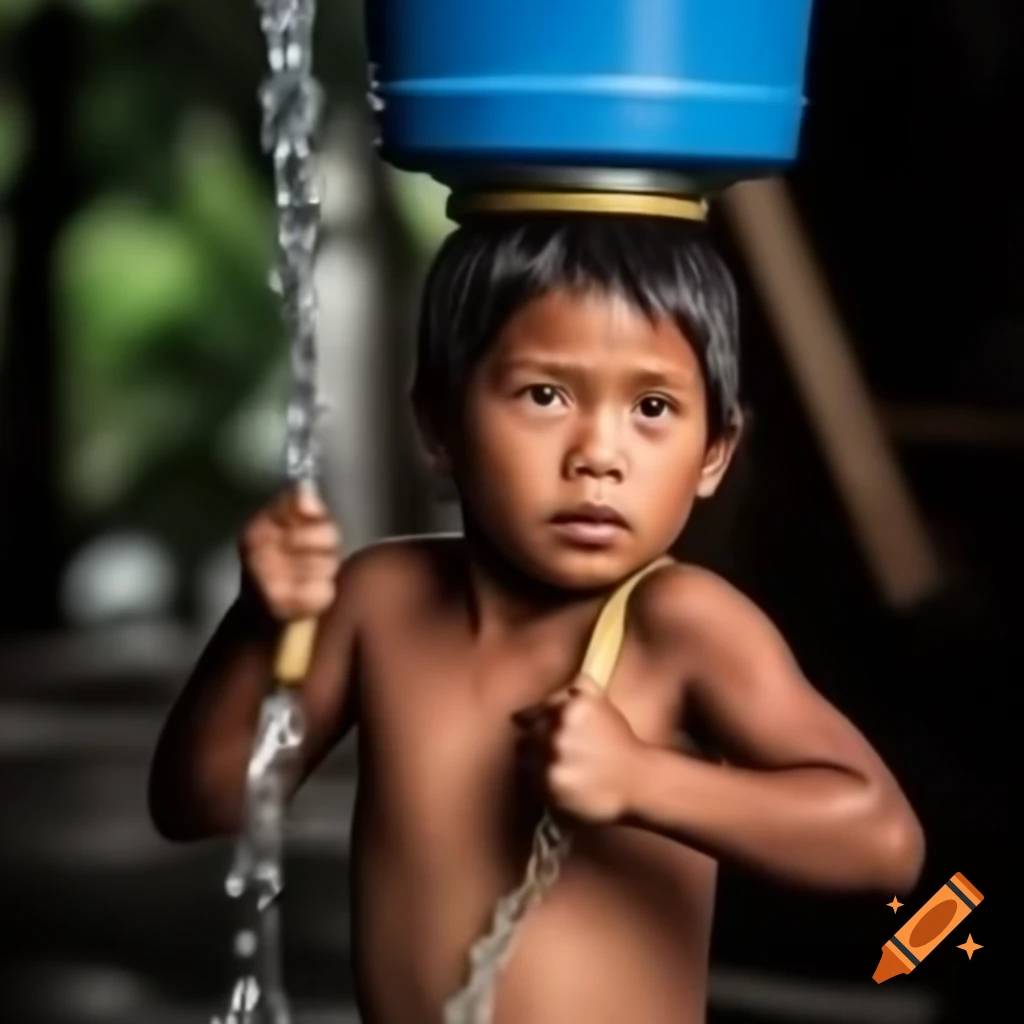 Filipino boy carrying water from a well