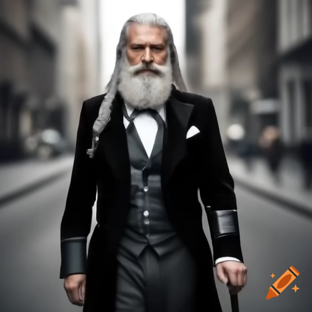 Skinny man in tuxedo with long gray beard and elegant cane walking confidently