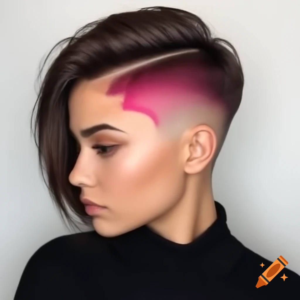 Young woman with thick dark brown hair in an undercut bob hairstyle