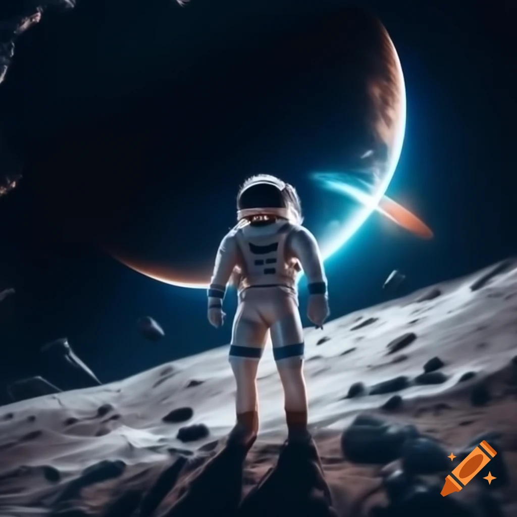 Surreal lunar landscape with astronauts exploring colorful rock formations and craters