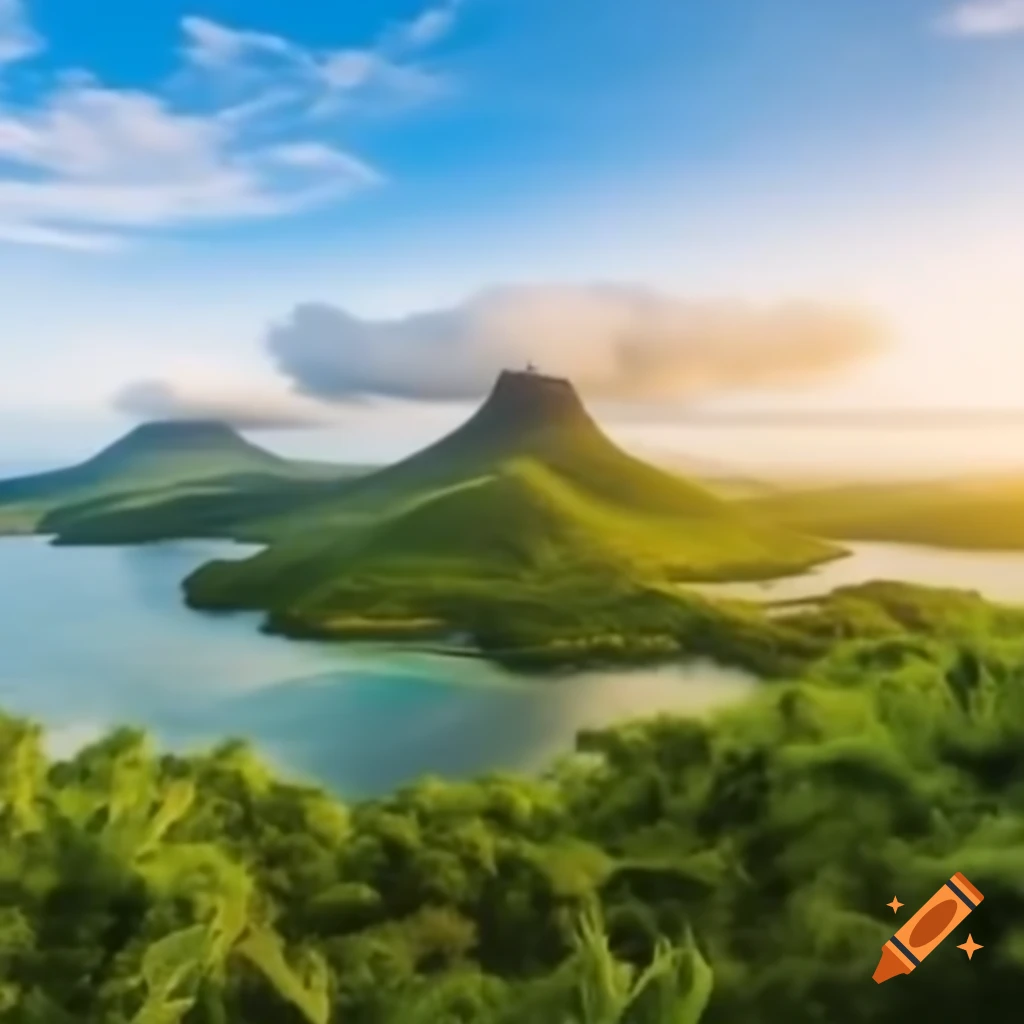 Mountainous island with lush vegetation in the sea
