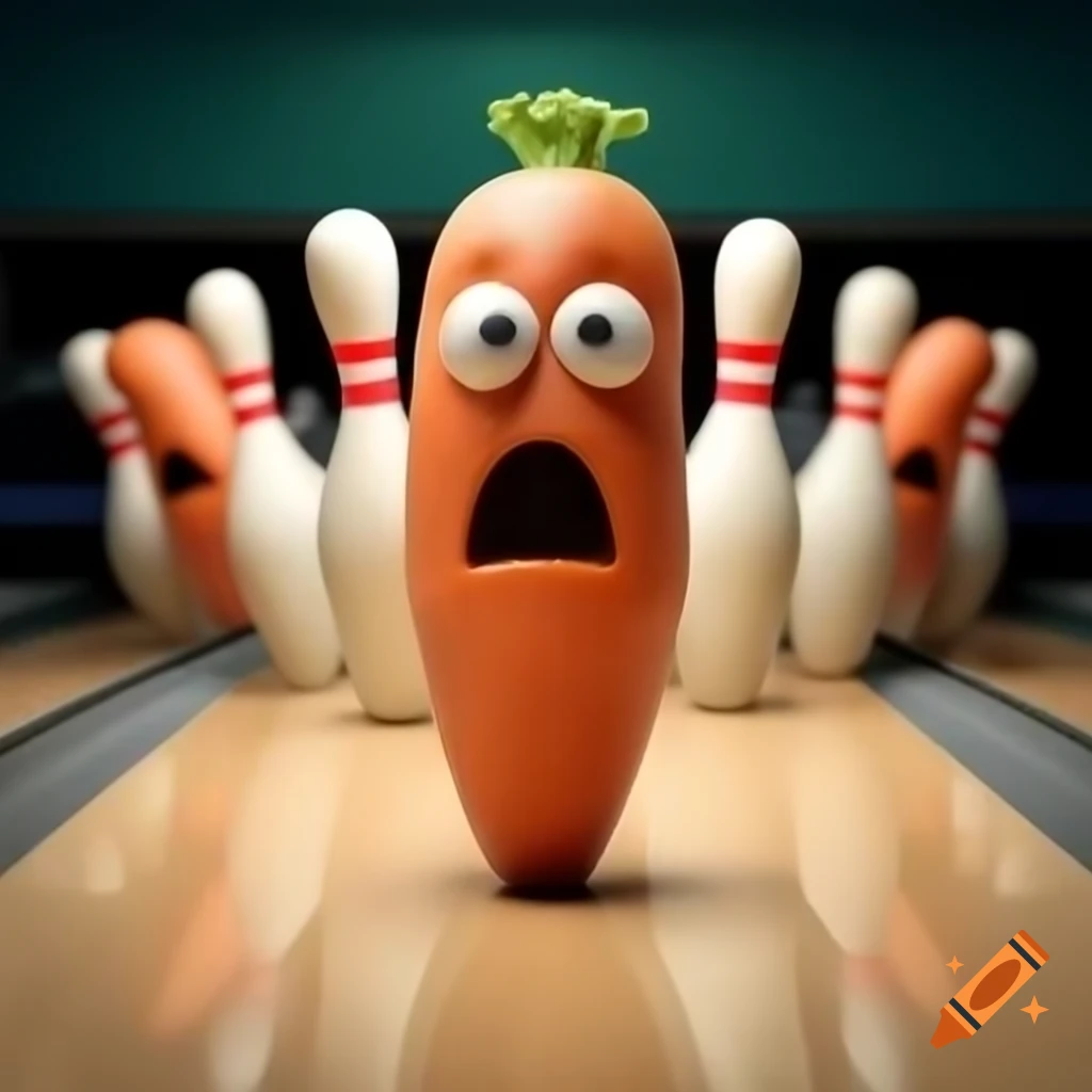 Carrots shaped like bowling pins with scared faces