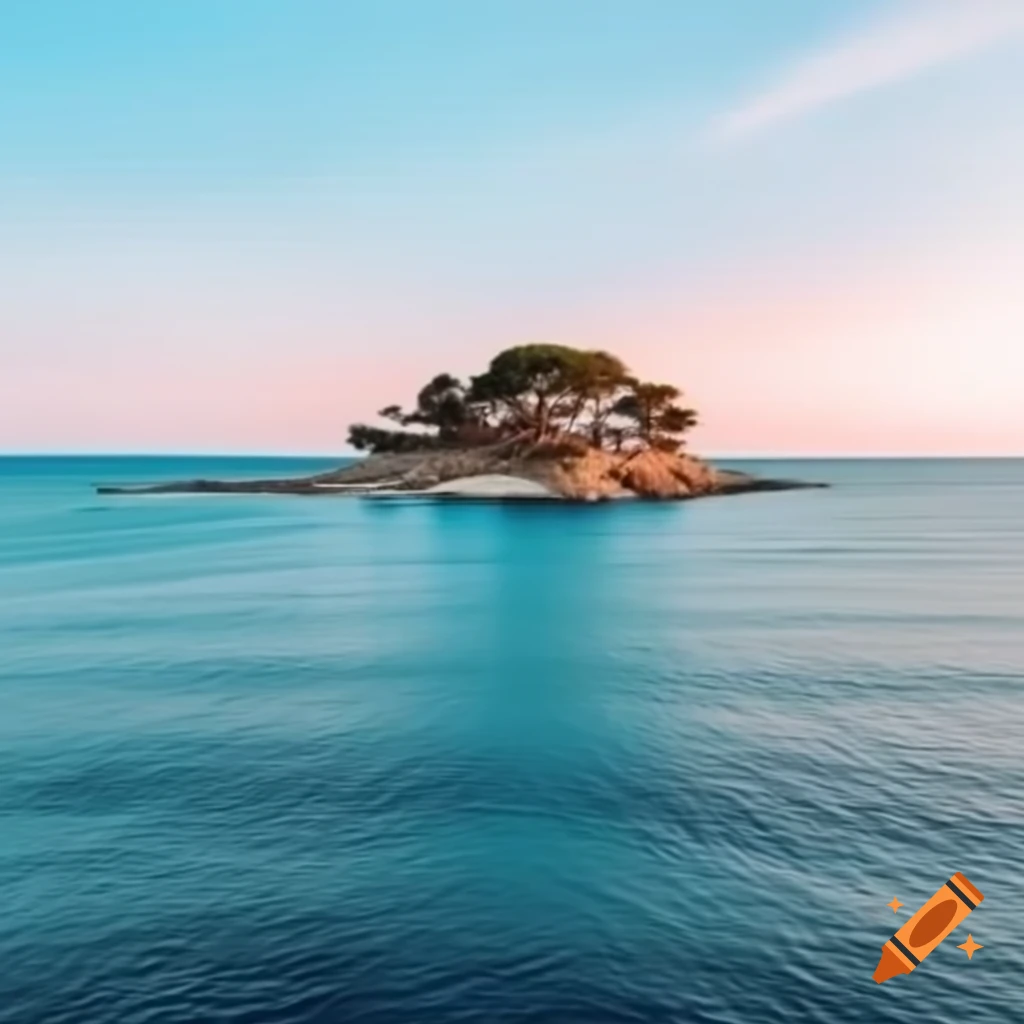 Deserted sandy island in blue ocean with Mediterranean pine tree at golden hour