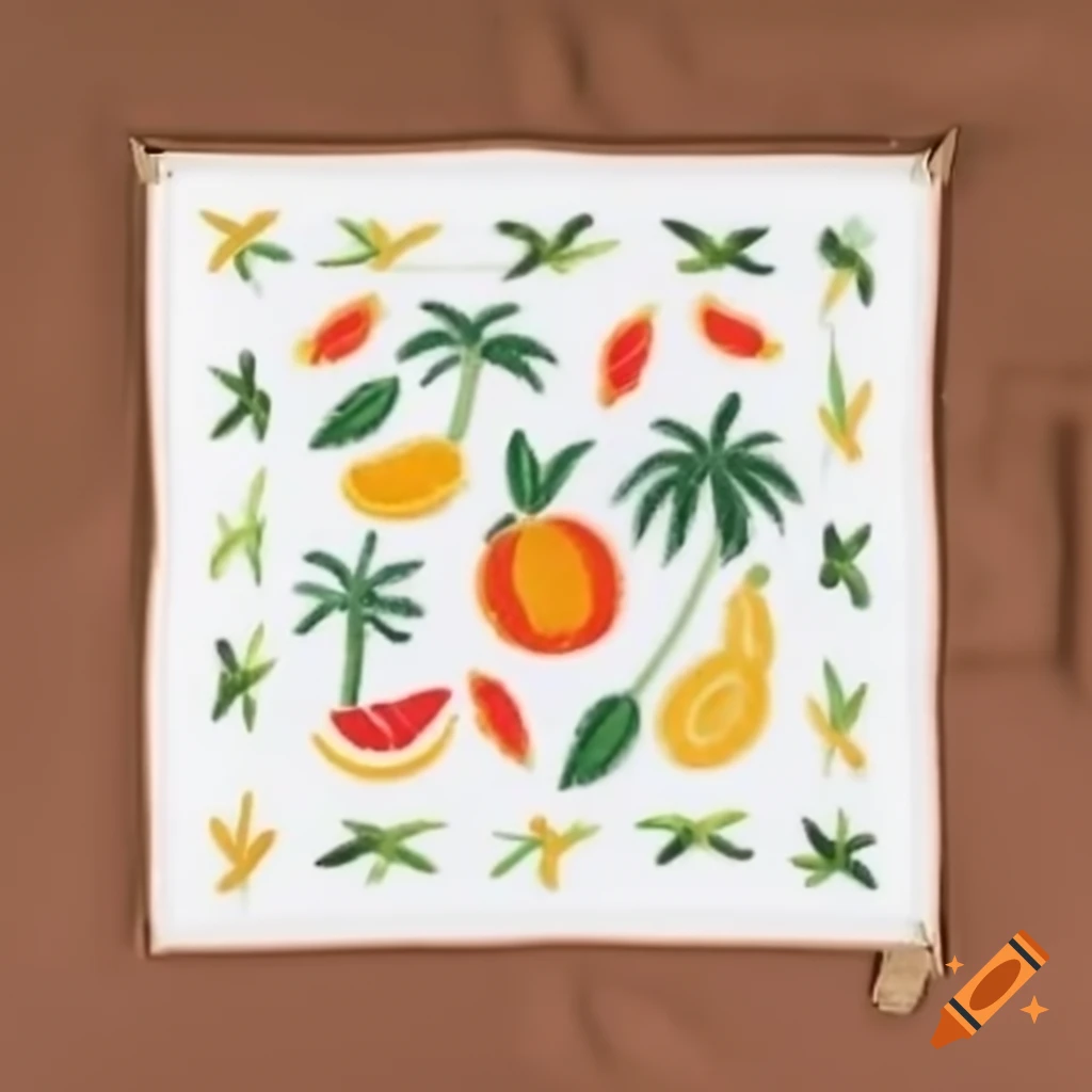 Traditional embroidery design featuring date palm branches and citrus fruits with text