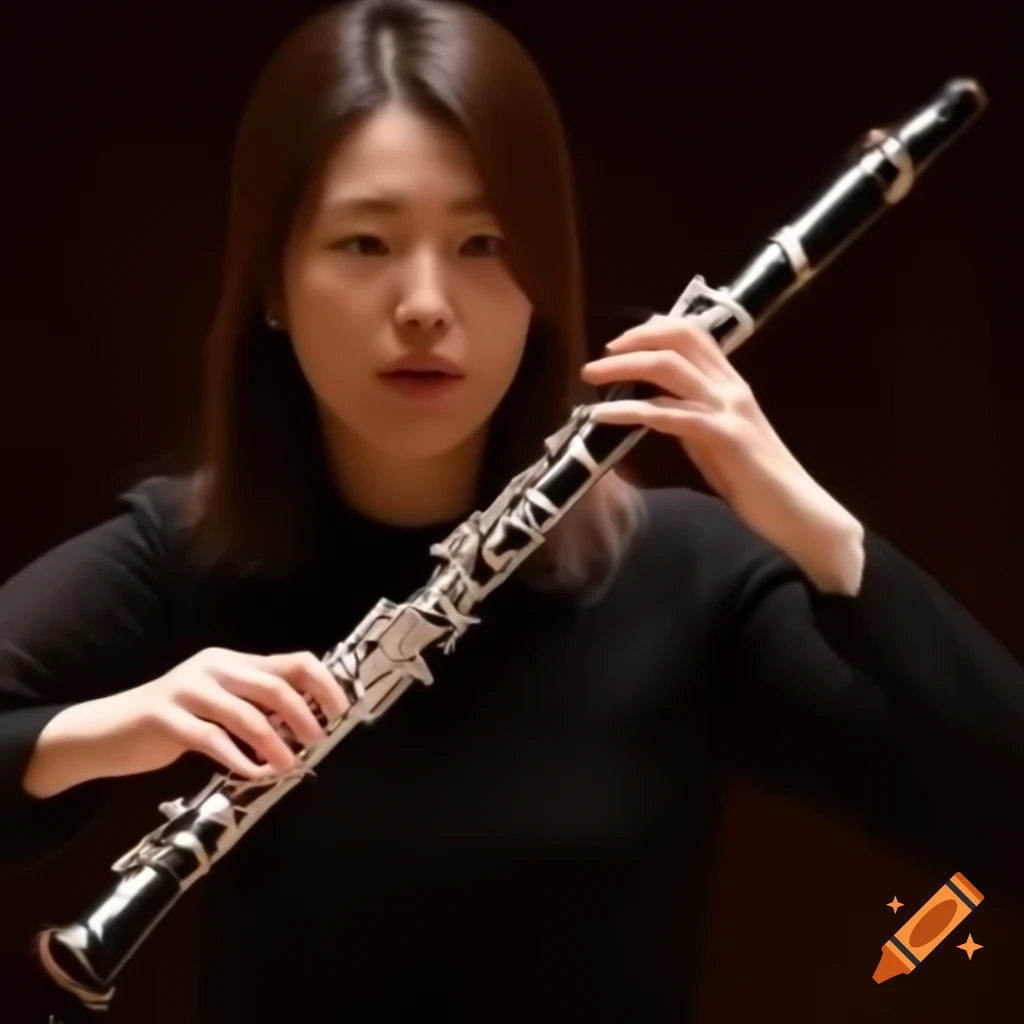 Woman playing clarinet in orchestra, medium-length brown hair, smiling