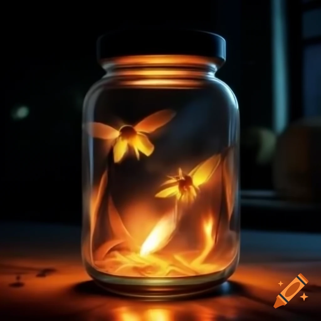 Firefly captured in a jar during nighttime