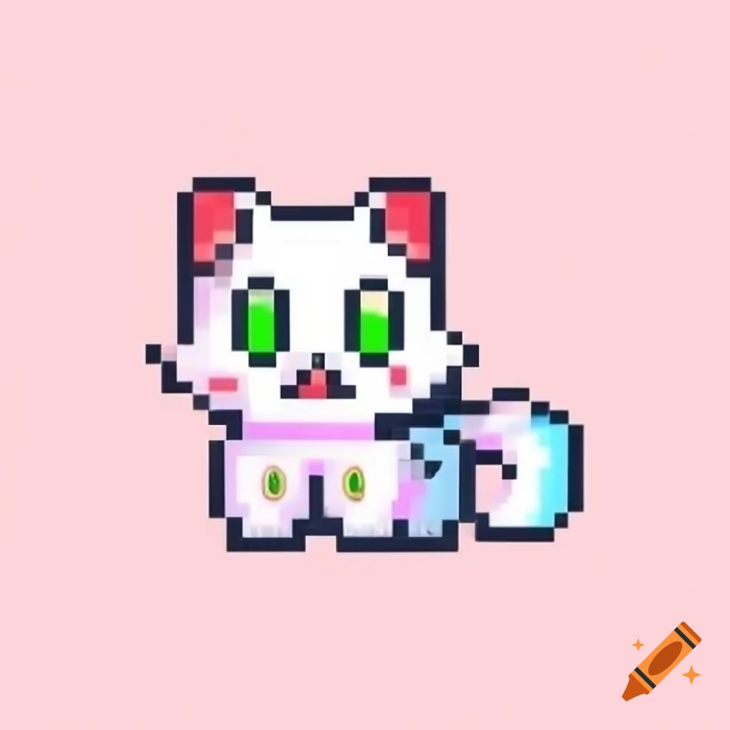 Vibrant pixel art of a sassy gray and white cat with bright green eyes ...