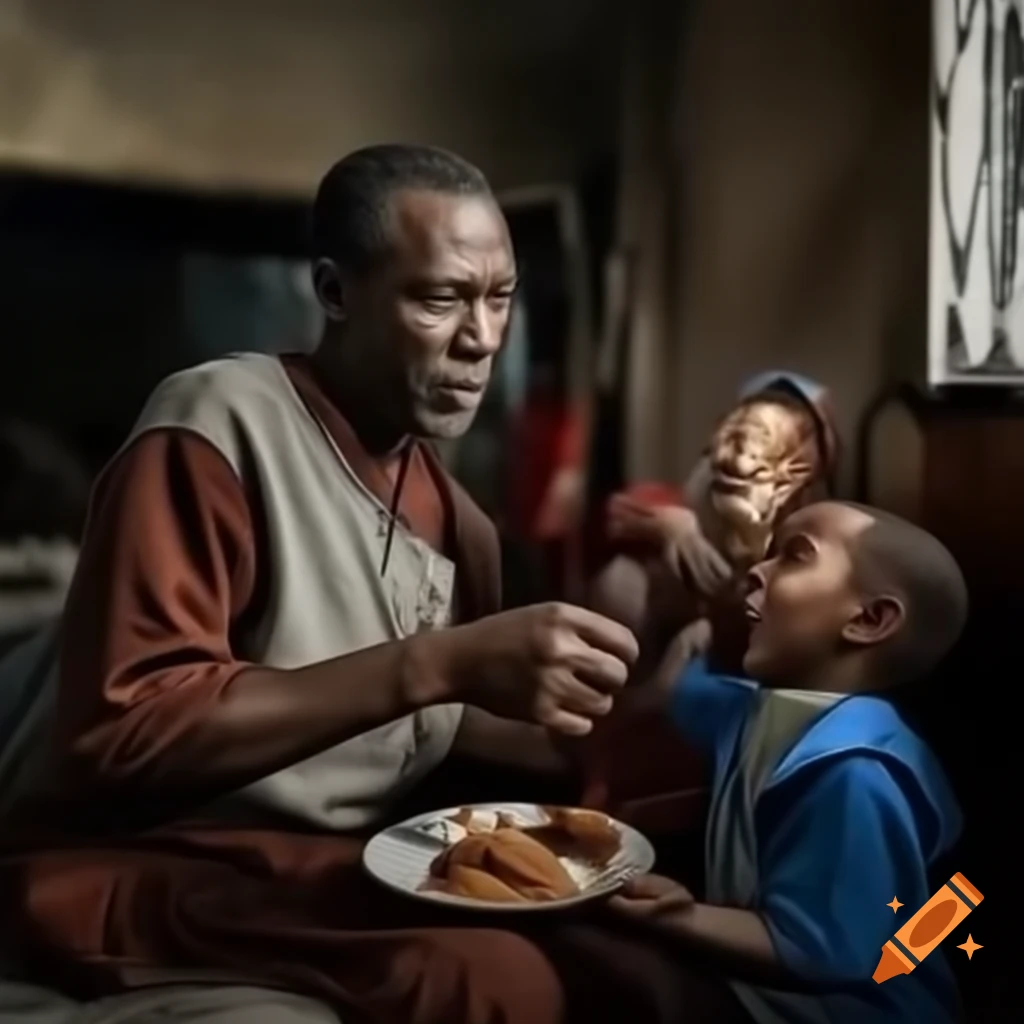 Wealthy man providing food to a homeless child