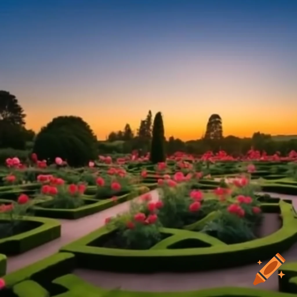 Rose garden at sunset under clear sky