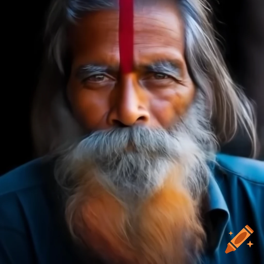 Colorful portrayal of a skinny man with long gray beard in bright daylight