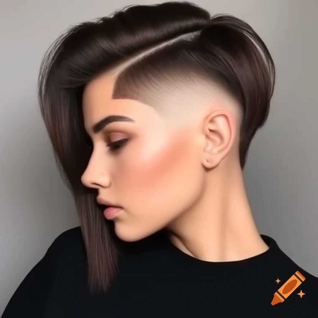 Stylish young woman with thick dark brown hair and shaved undercut bob