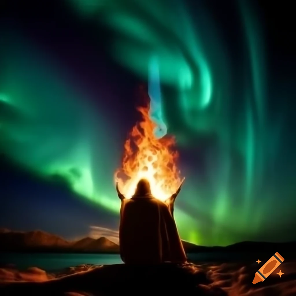 Druid holding sacred fire under the northern lights
