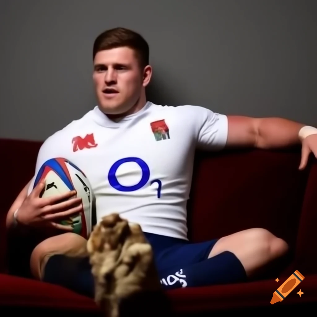 England rugby player relaxed on sofa after match, showing mud on clothes