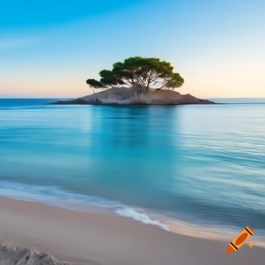 Deserted sandy island in blue ocean with Mediterranean pine tree at golden hour