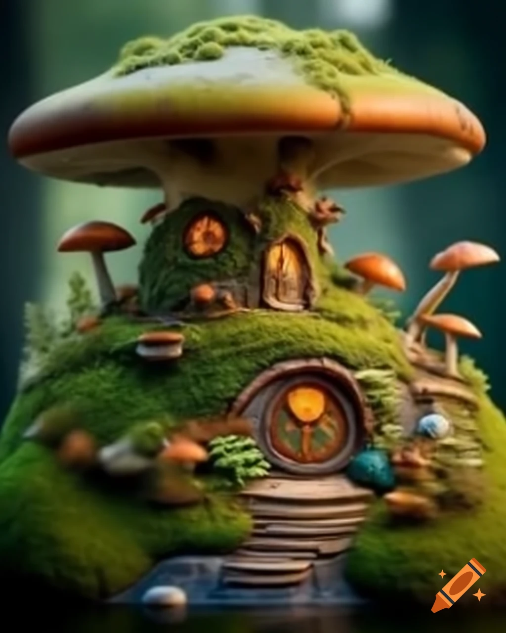 Mossy mushroom hobbit house diorama with miniature lake