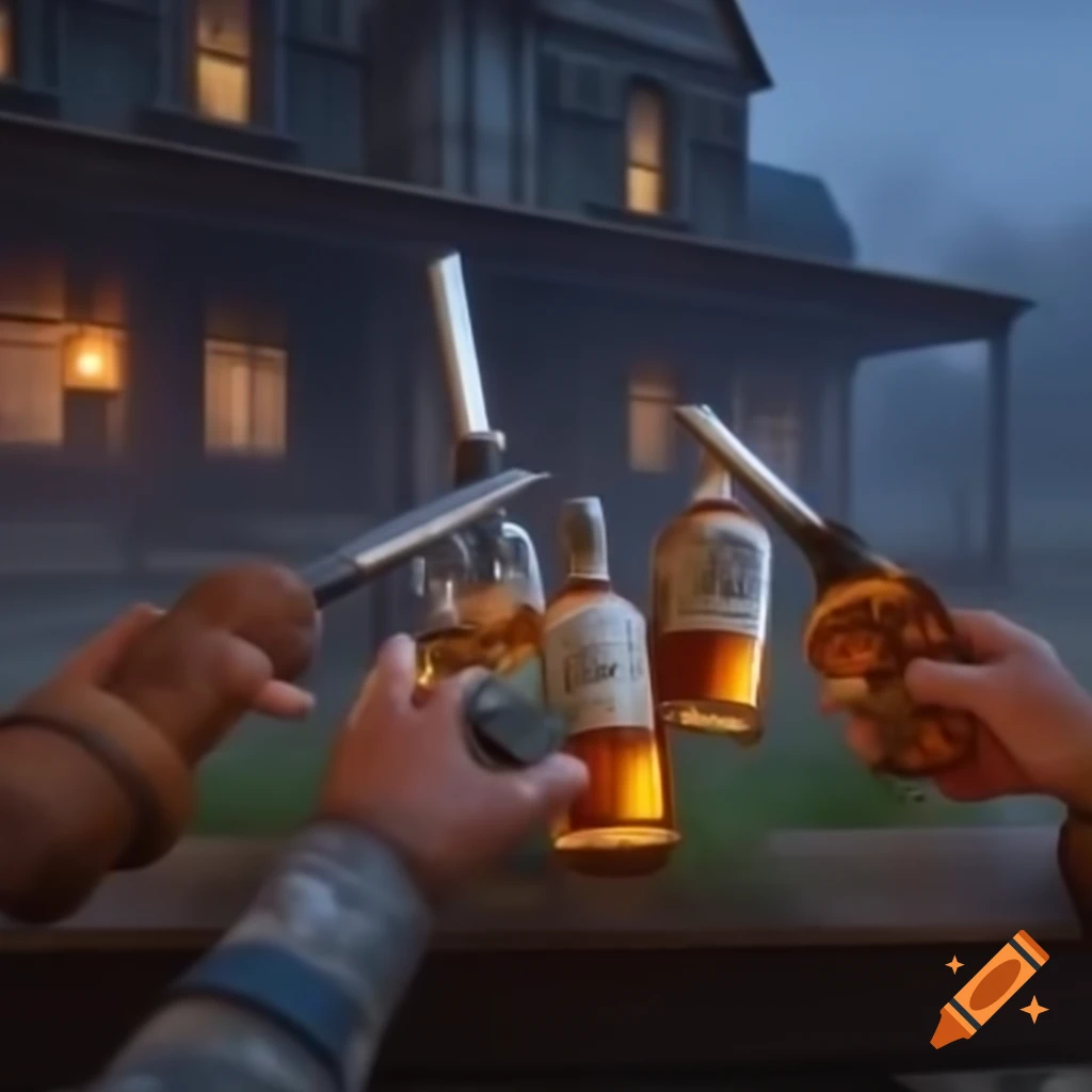 Cowboys dueling with whisky bottles at old saloon in foggy nighttime, Hunt Showdown style