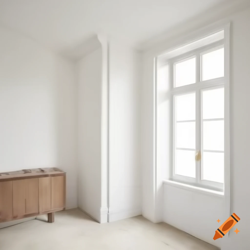 Modern house interior with off white walls and walnut window frame