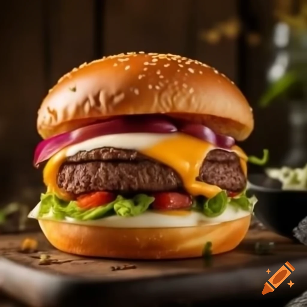 Gourmet burger with beef patty, cheddar cheese, bacon, lettuce, tomato, onions, and special sauce
