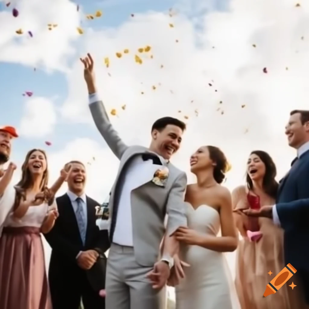 Couple holding hands under the sky with family and friends, guests throwing flower petals
