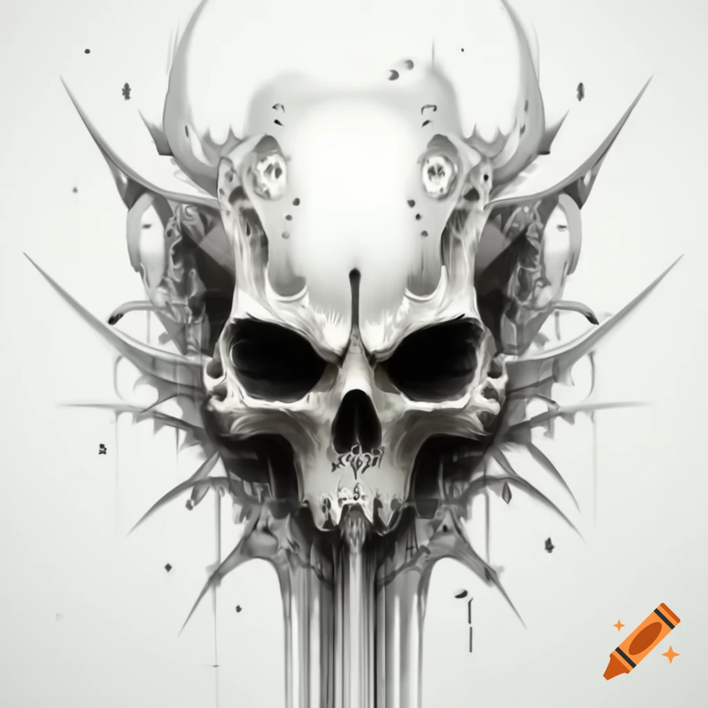 Fractal biomechanical Egyptian biohazard art featuring alien bone skull in black ink drawing