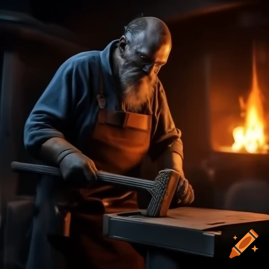 Medieval blacksmith forging sword in dim lighting with a hammer