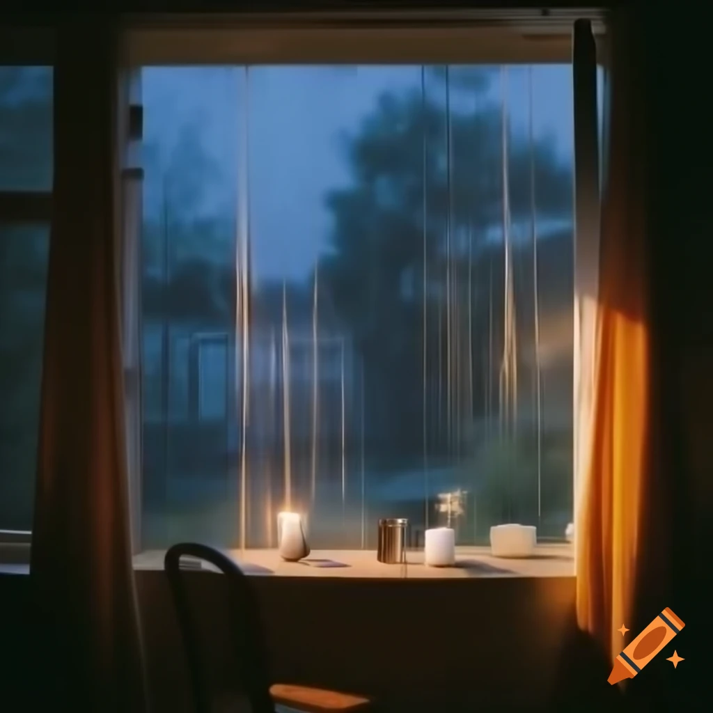 Cozy apartment scene with two coffee cups on table during evening rain, bright colors