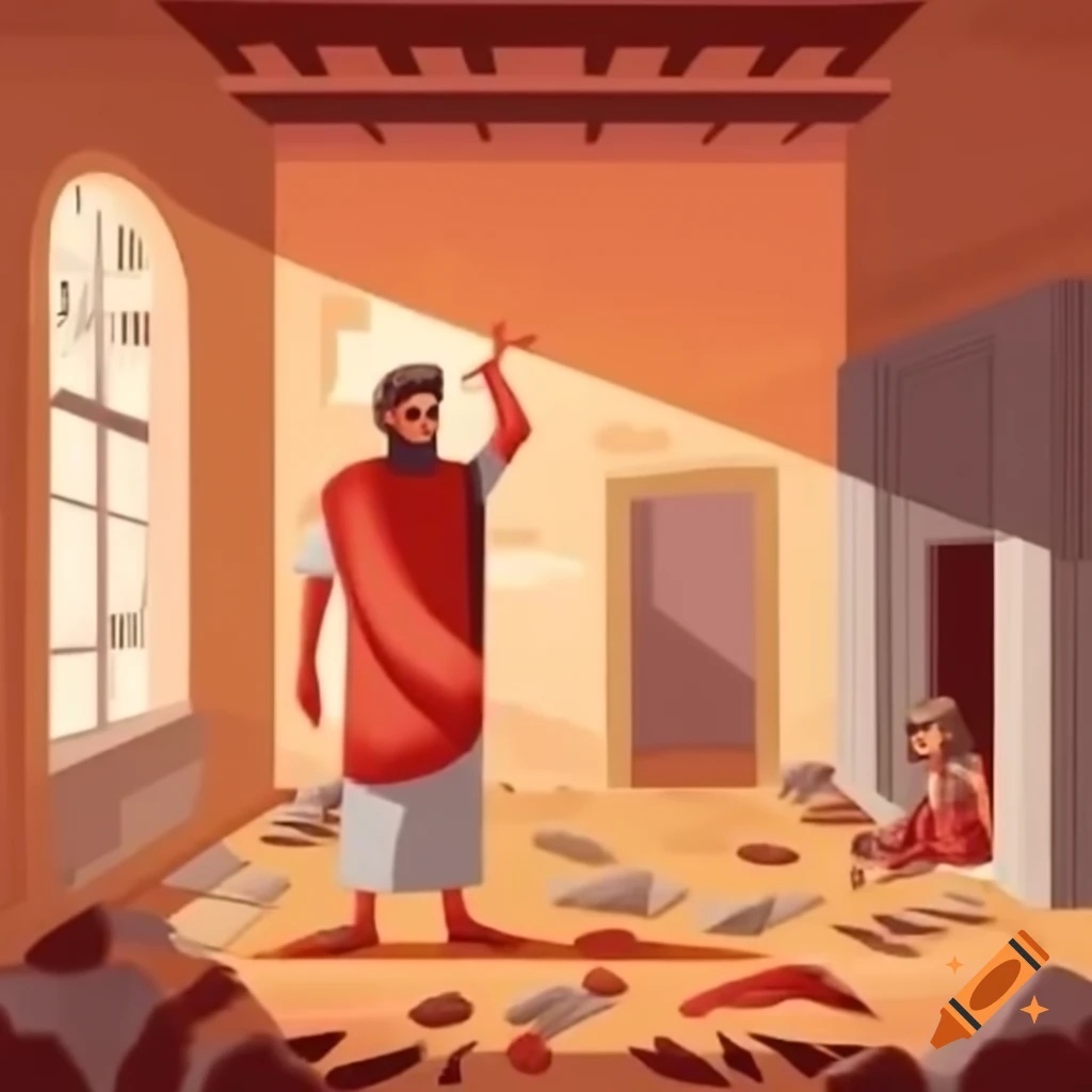 Scene in Ancient Rome with a man and his daughter in a robbed house