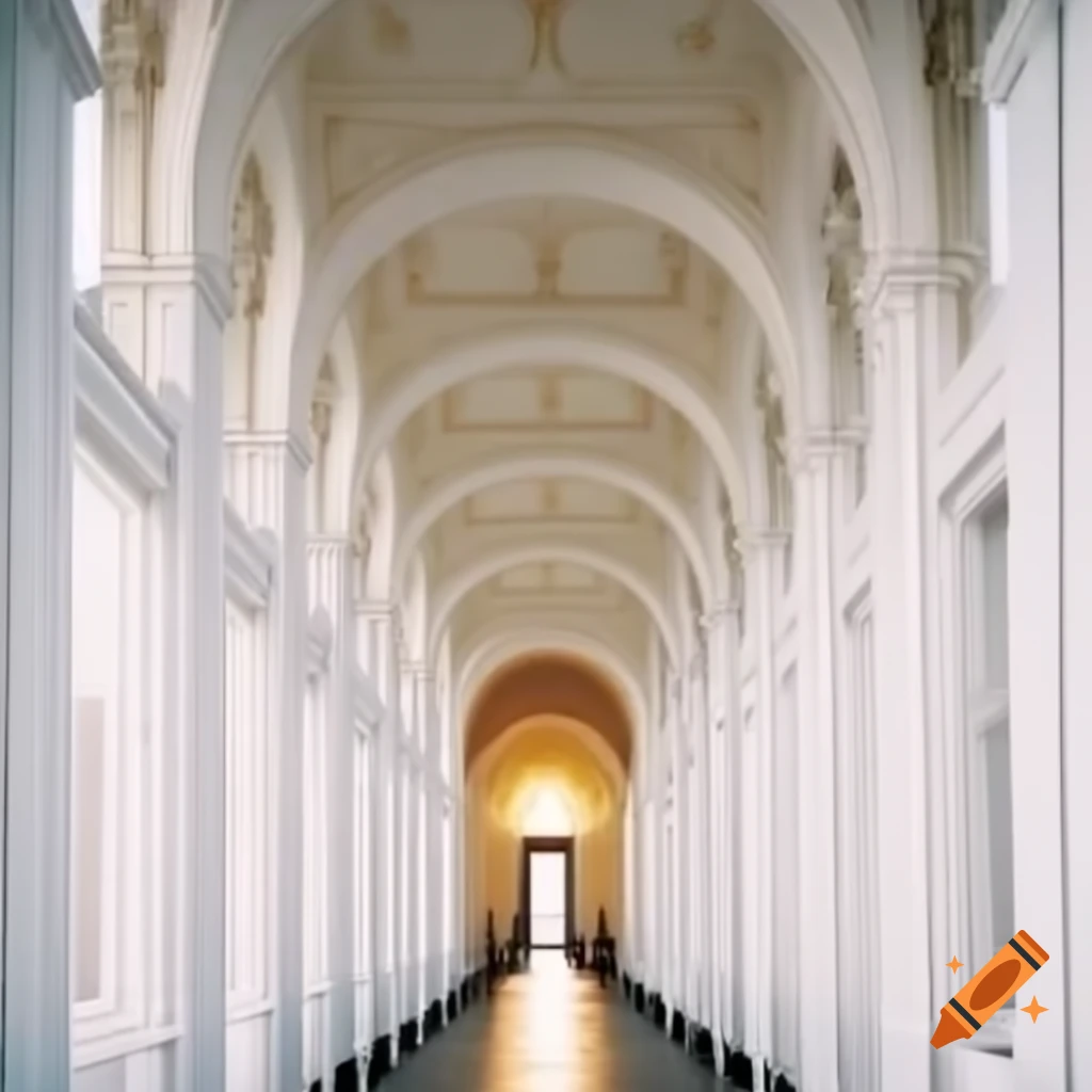 Elegant white hallway with high ceilings and golden decor during golden hour