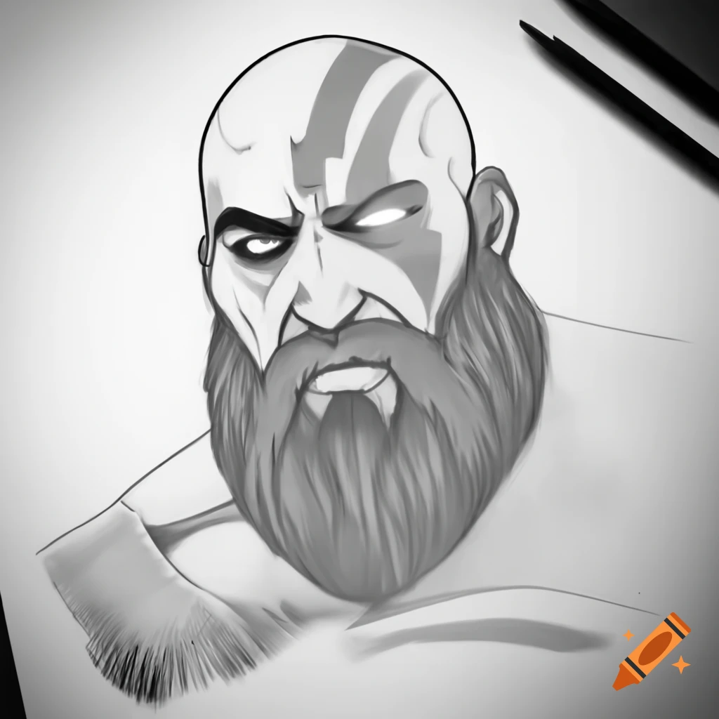 Rough pencil sketch of Kratos on paper