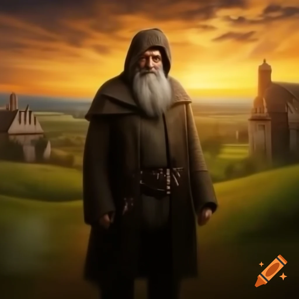 Village at sunset with old man in ash cloak standing in smoke, paranormal style