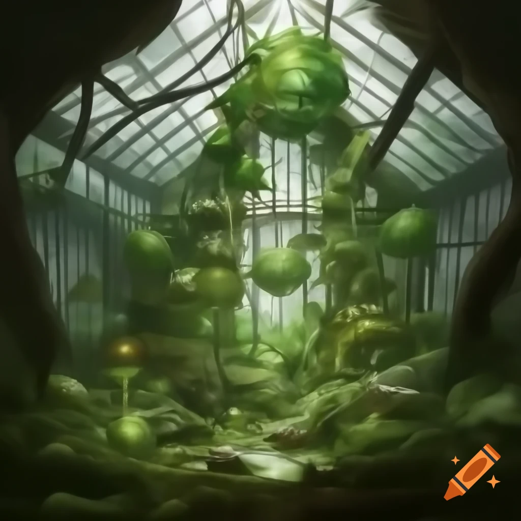 Lush greenhouse thriving in a devastated landscape, symbolizing resilience