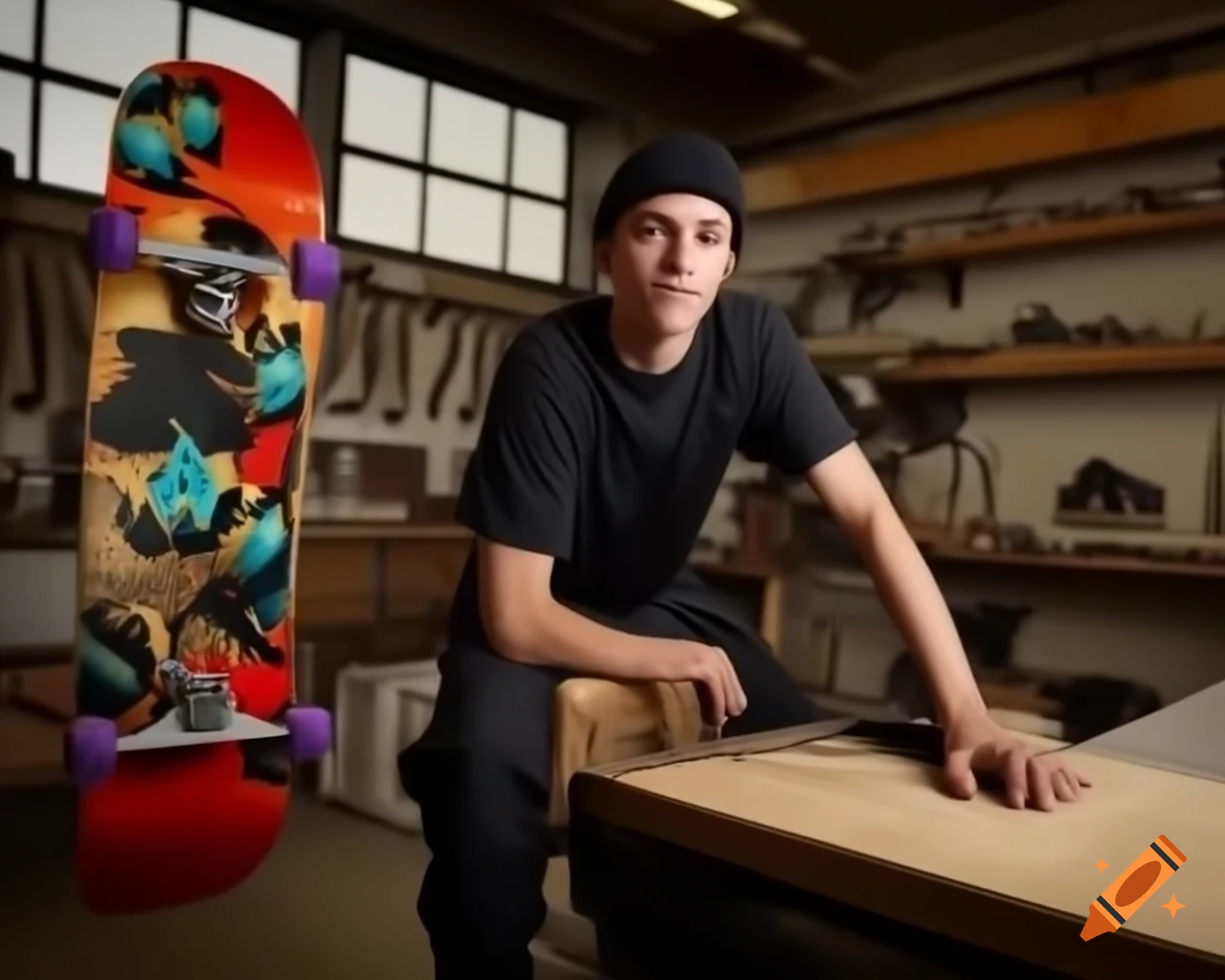 Skateboard maker's workshop with tools and boards