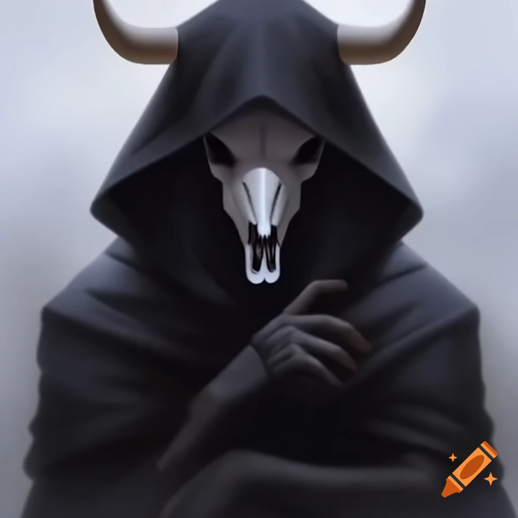 Anime character in black cloak and bull skull mask with hands in ...