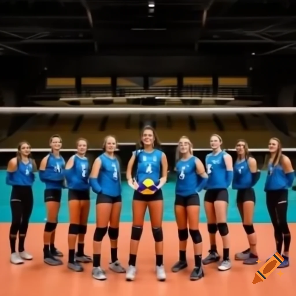 Female volleyball team competes in full venue