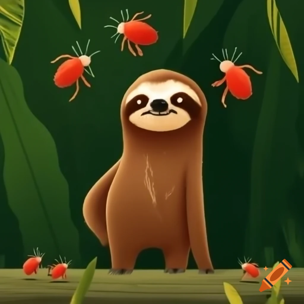 Animated sloth observing red bugs