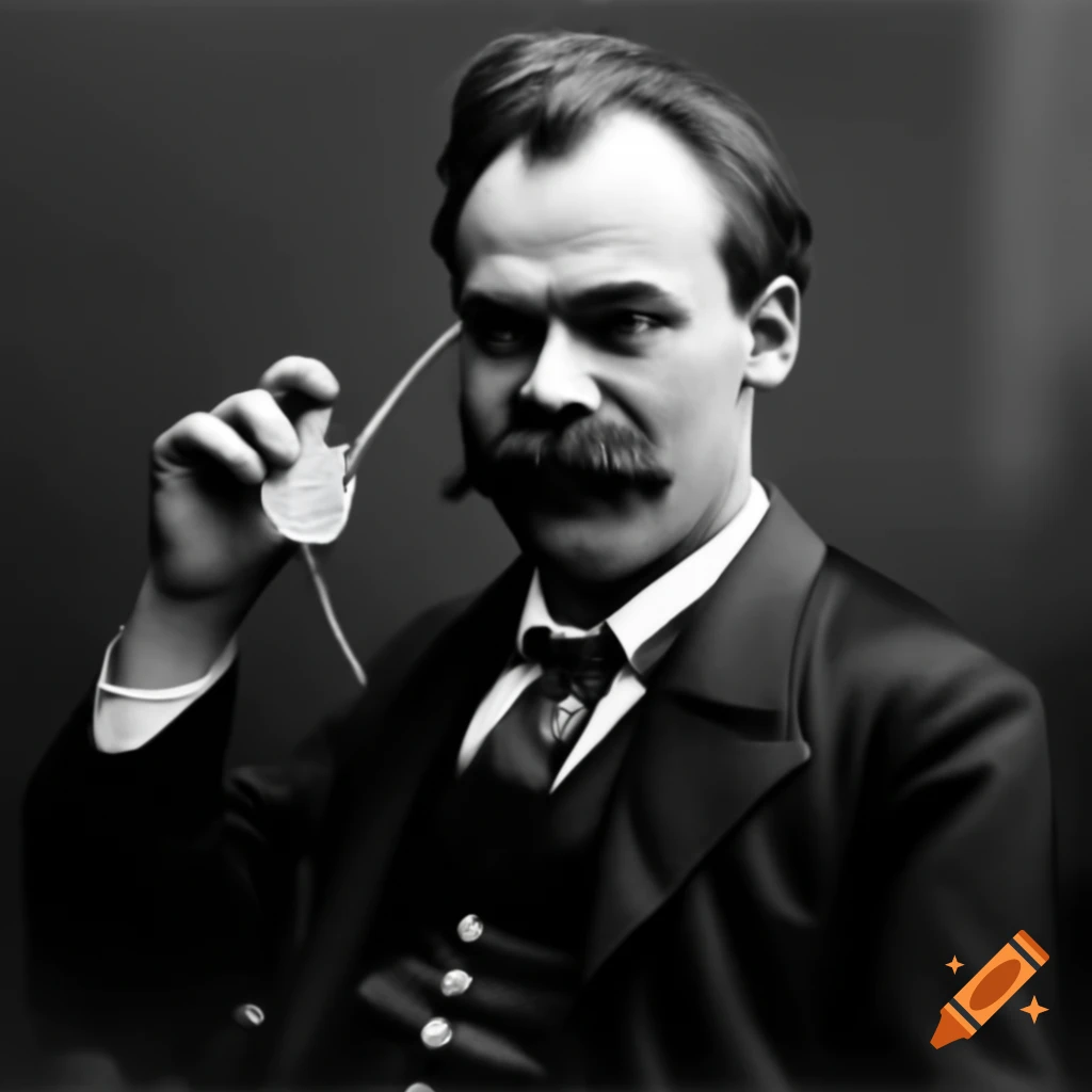 Nietzsche gazing thoughtfully at the audience